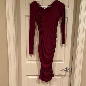 The Vanity Room Long Sleeve Burgundy Ruched Midi Dress